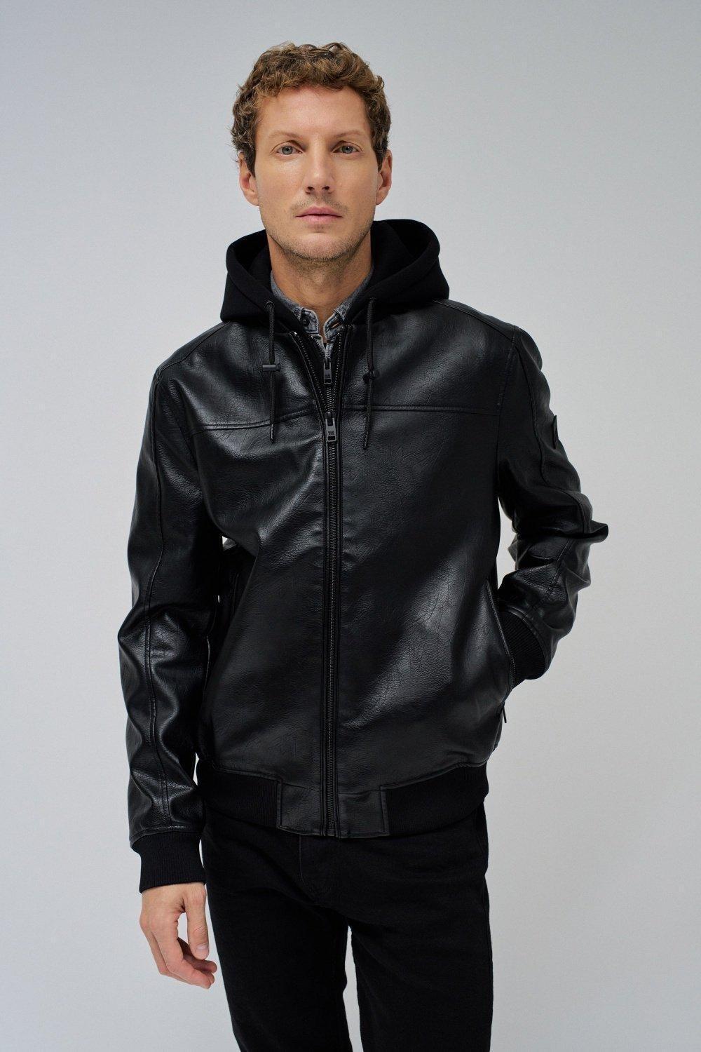 Black Leather Effect Bomber Jacket, , medium