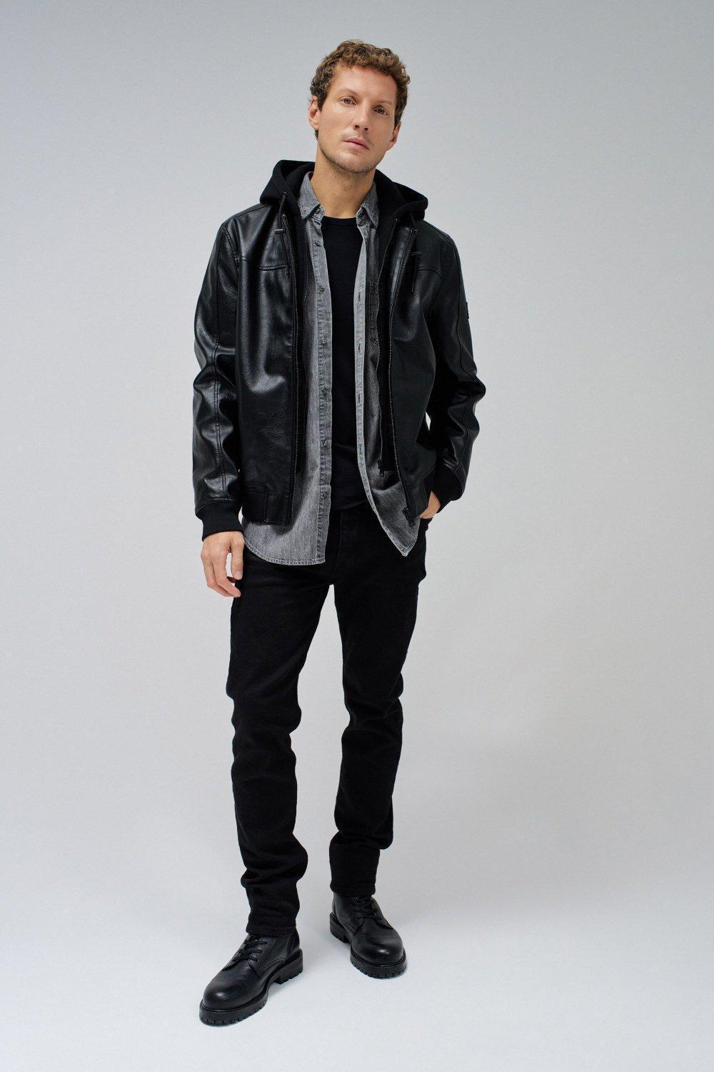 Black Leather Effect Bomber Jacket, , large image number 1