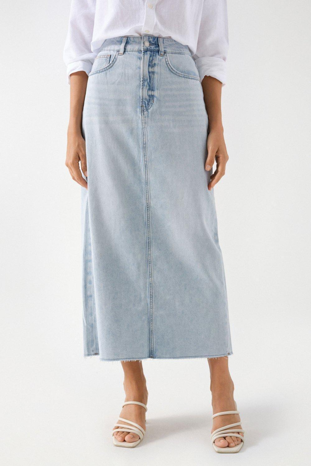 Blue Frayed Hem True Denim Skirt, , medium