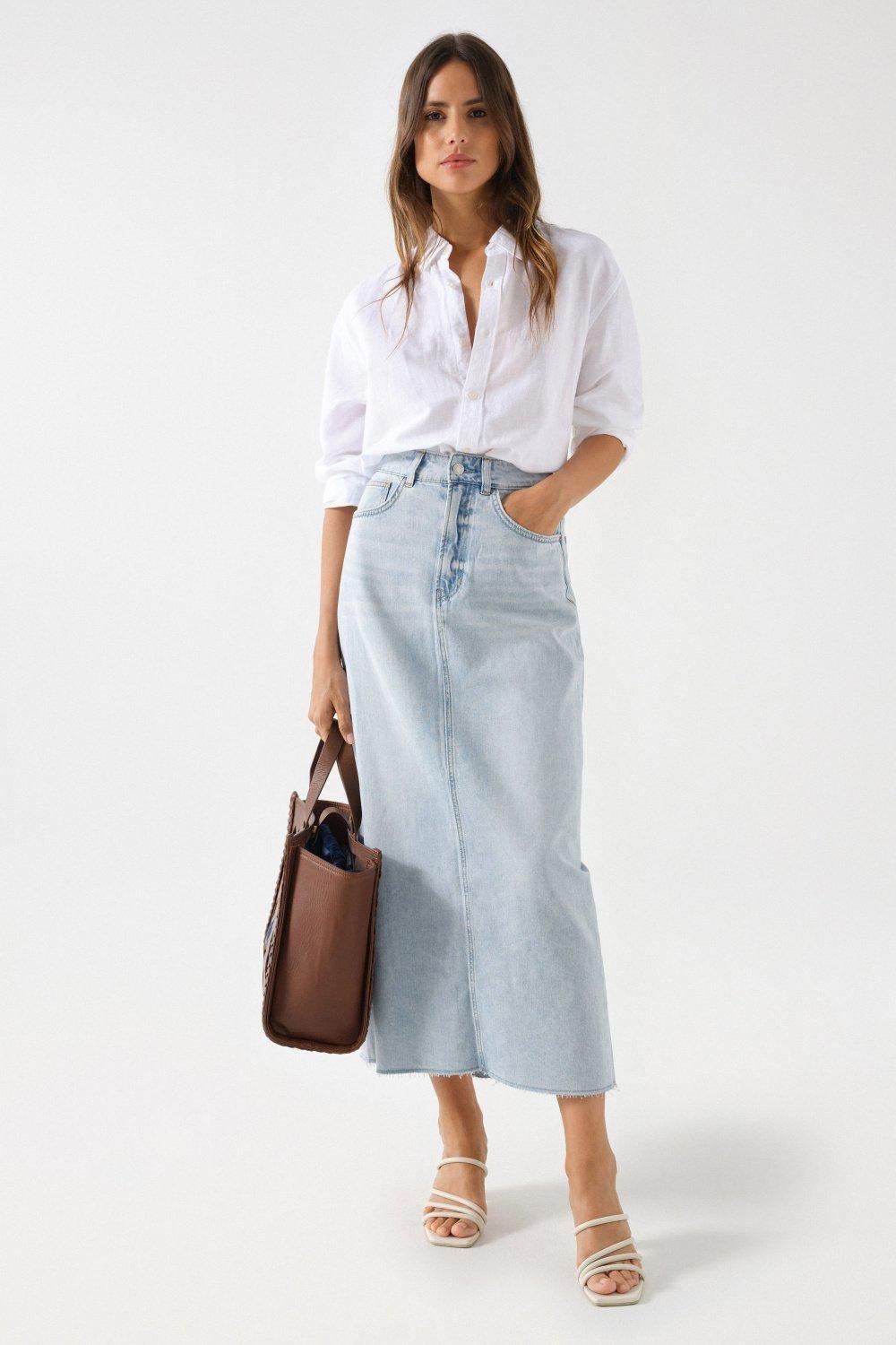 Blue Frayed Hem True Denim Skirt, , large image number 1