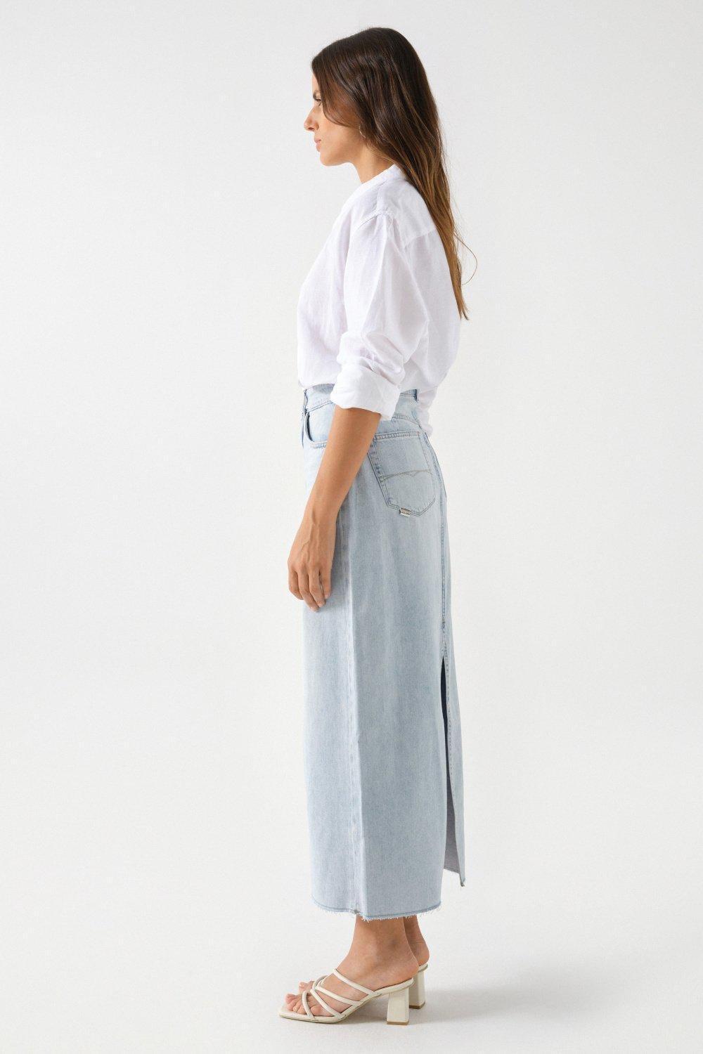 Blue Frayed Hem True Denim Skirt, , large image number 2