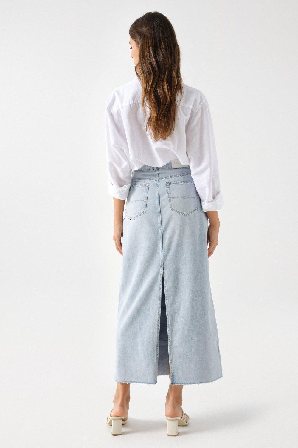 Blue Frayed Hem True Denim Skirt, , large image number 3