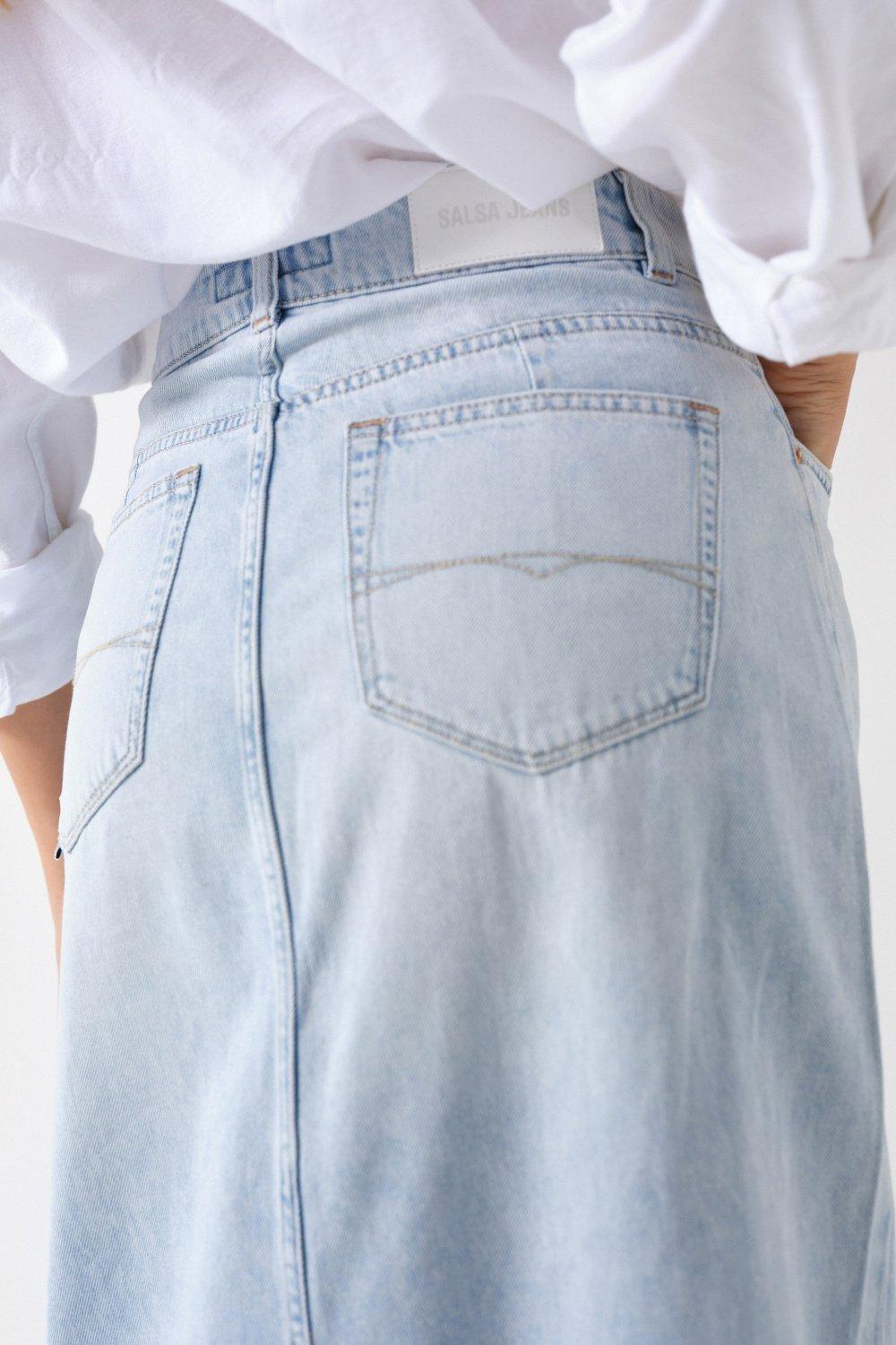 Blue Frayed Hem True Denim Skirt, , large image number 4