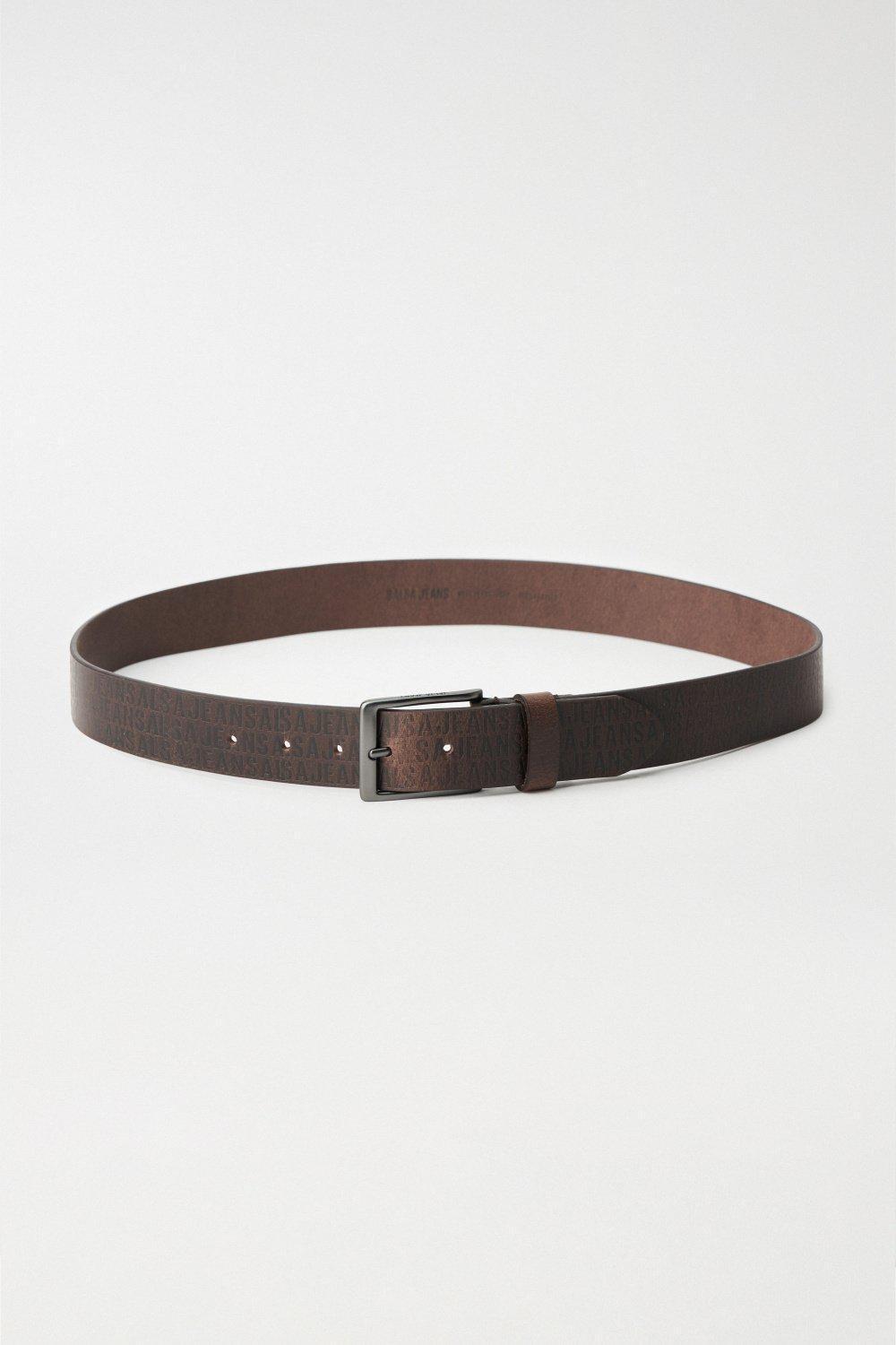 Embossed Leather Belt, Brown, large image number 0