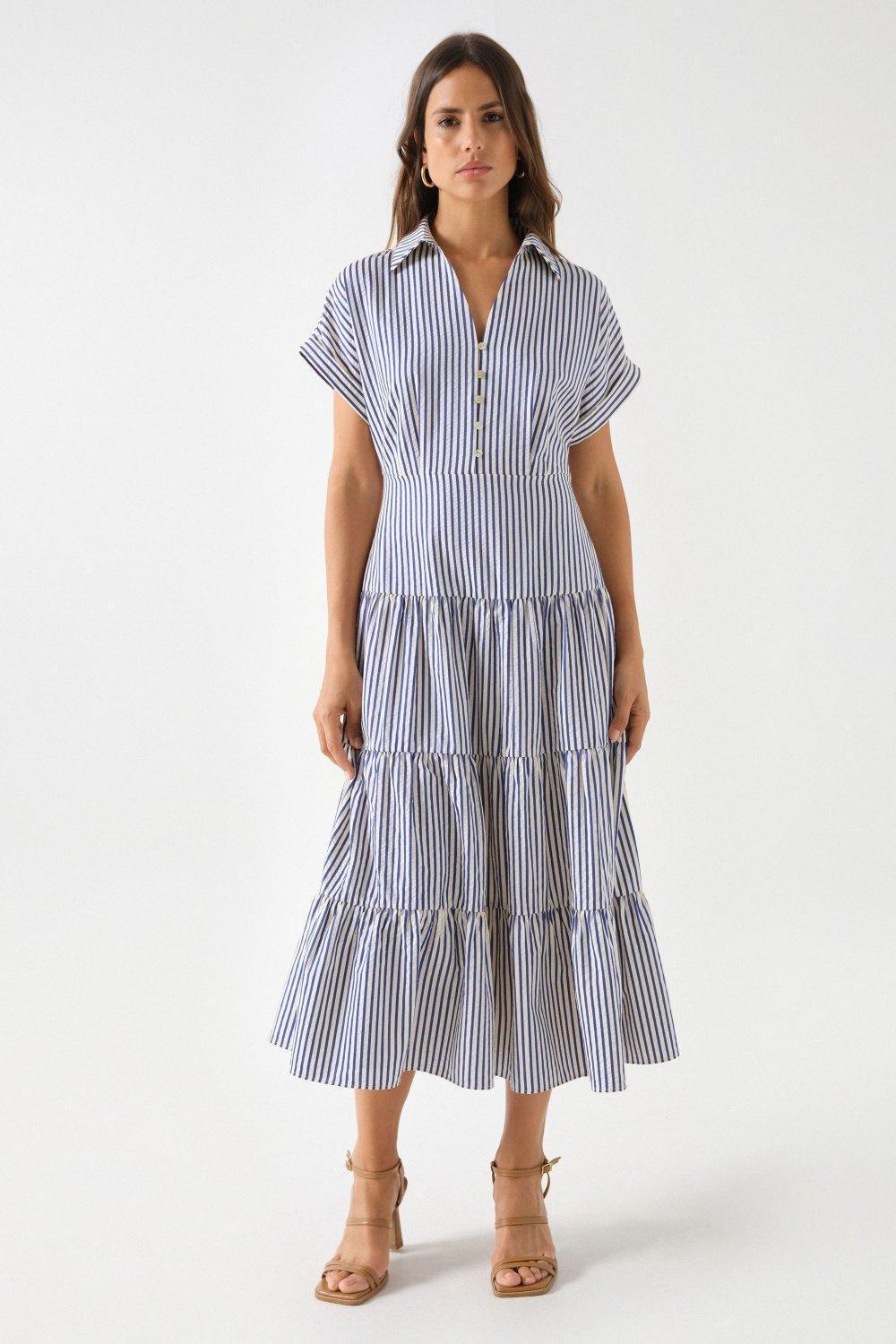 Long Striped Dress, Beige, large image number 0