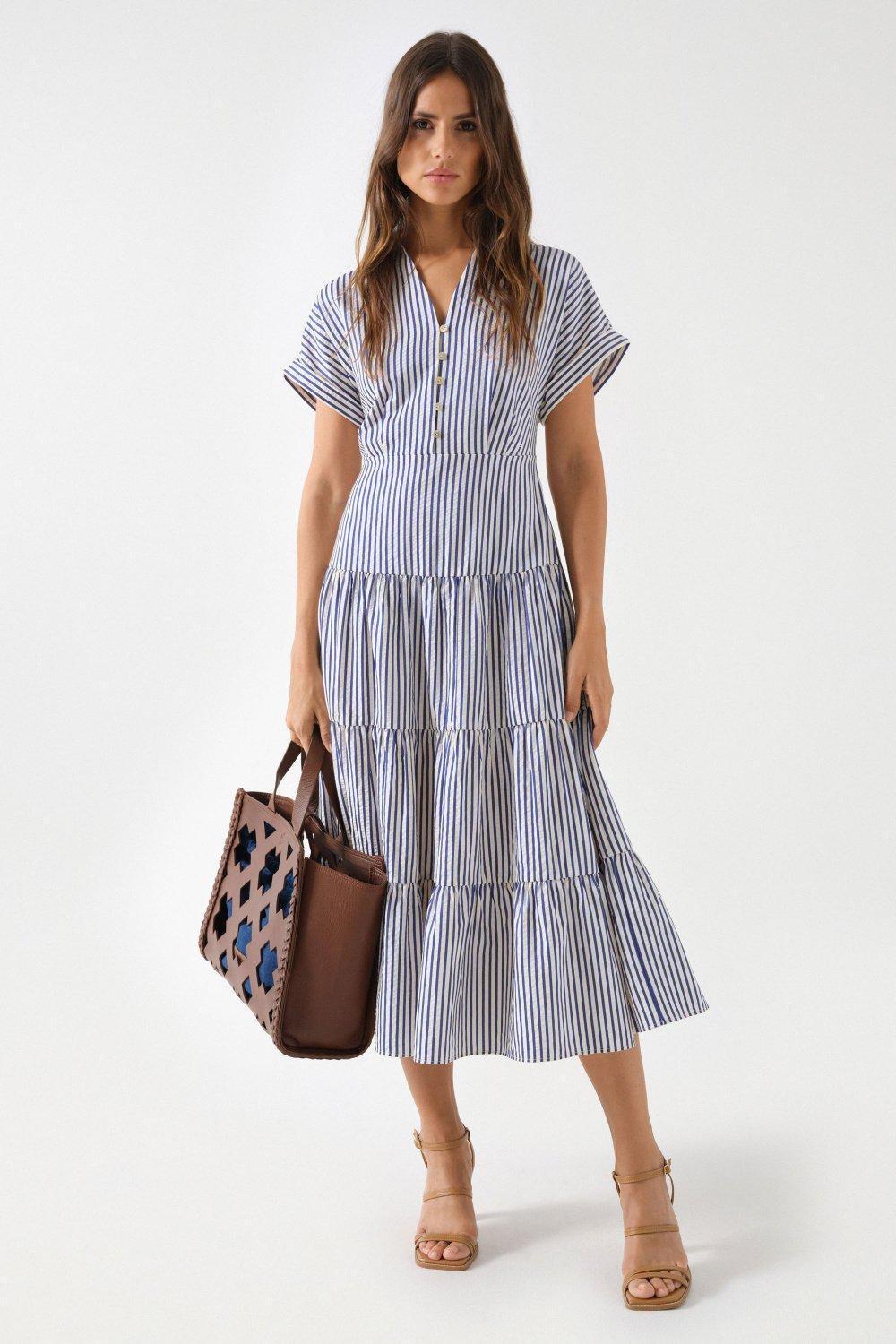 Long Striped Dress, Beige, large image number 1