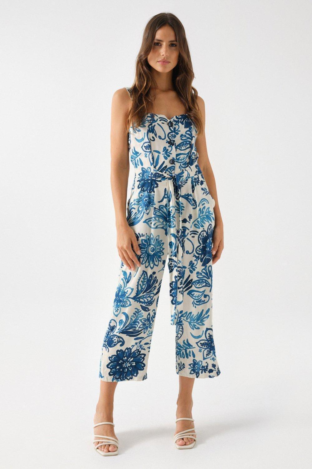 Beige Floral Print Jumpsuit, , large image number 0
