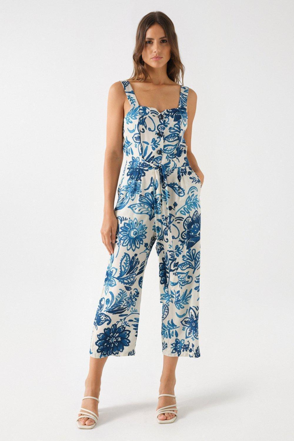 Beige Floral Print Jumpsuit, , large image number 1
