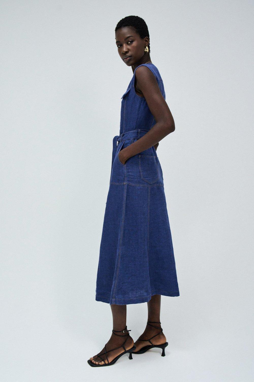 Midi Linen Dress, Navy, large image number 2