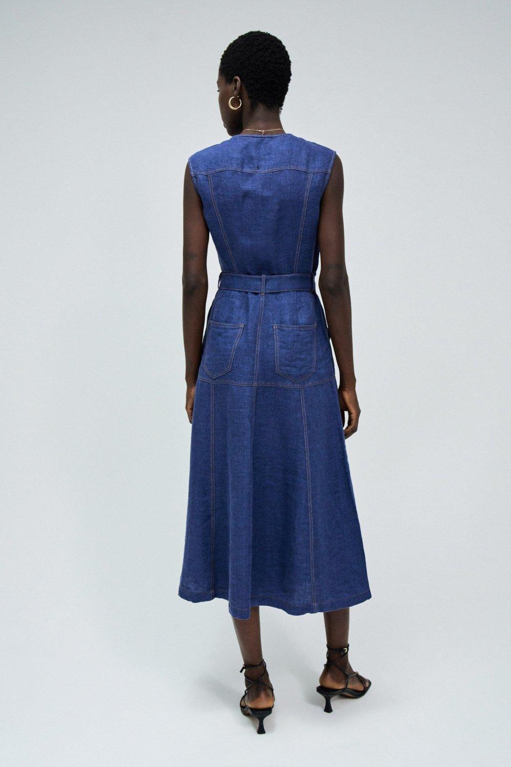 Midi Linen Dress, Navy, large image number 3
