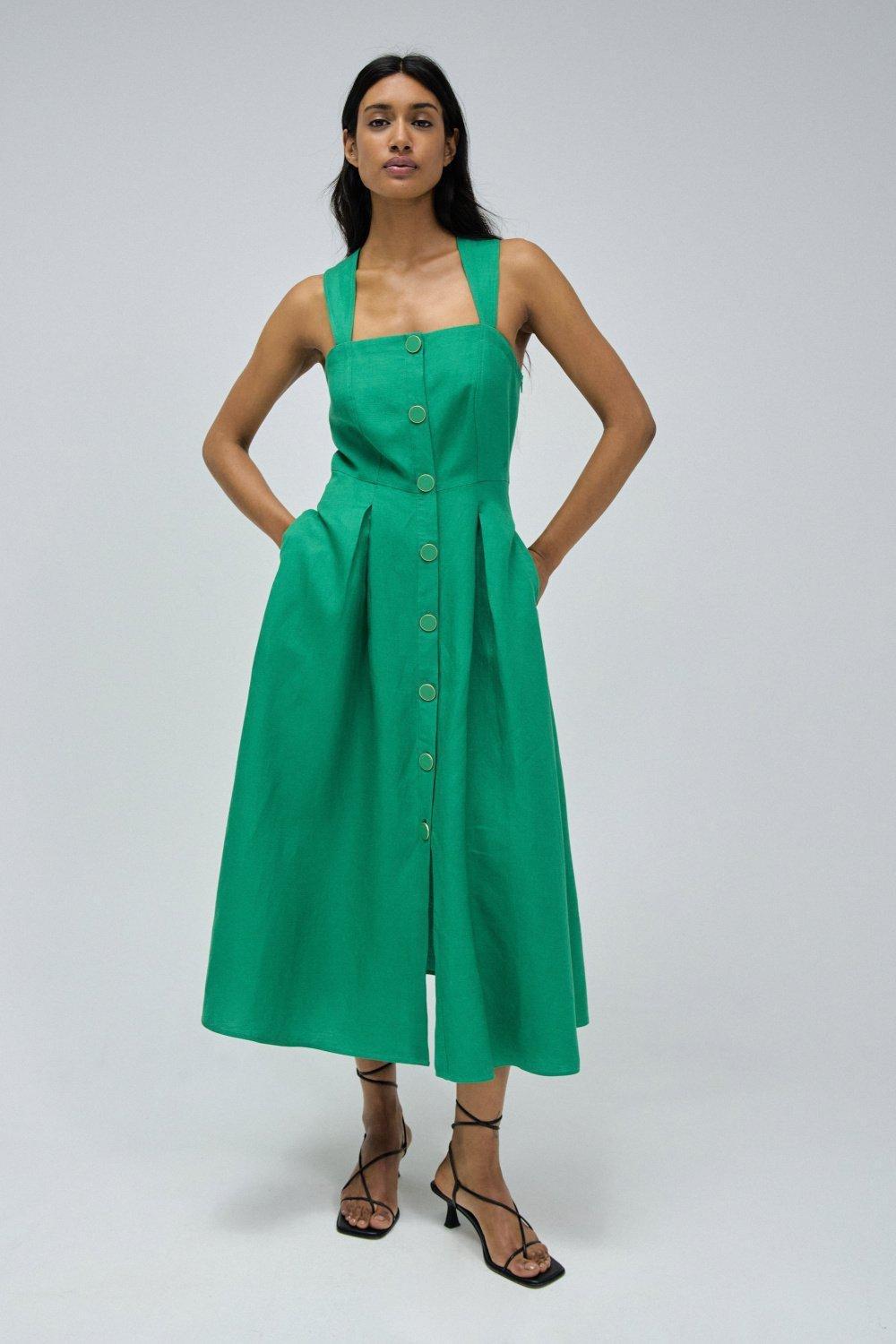 Flare Midi Dress, Green, large image number 1