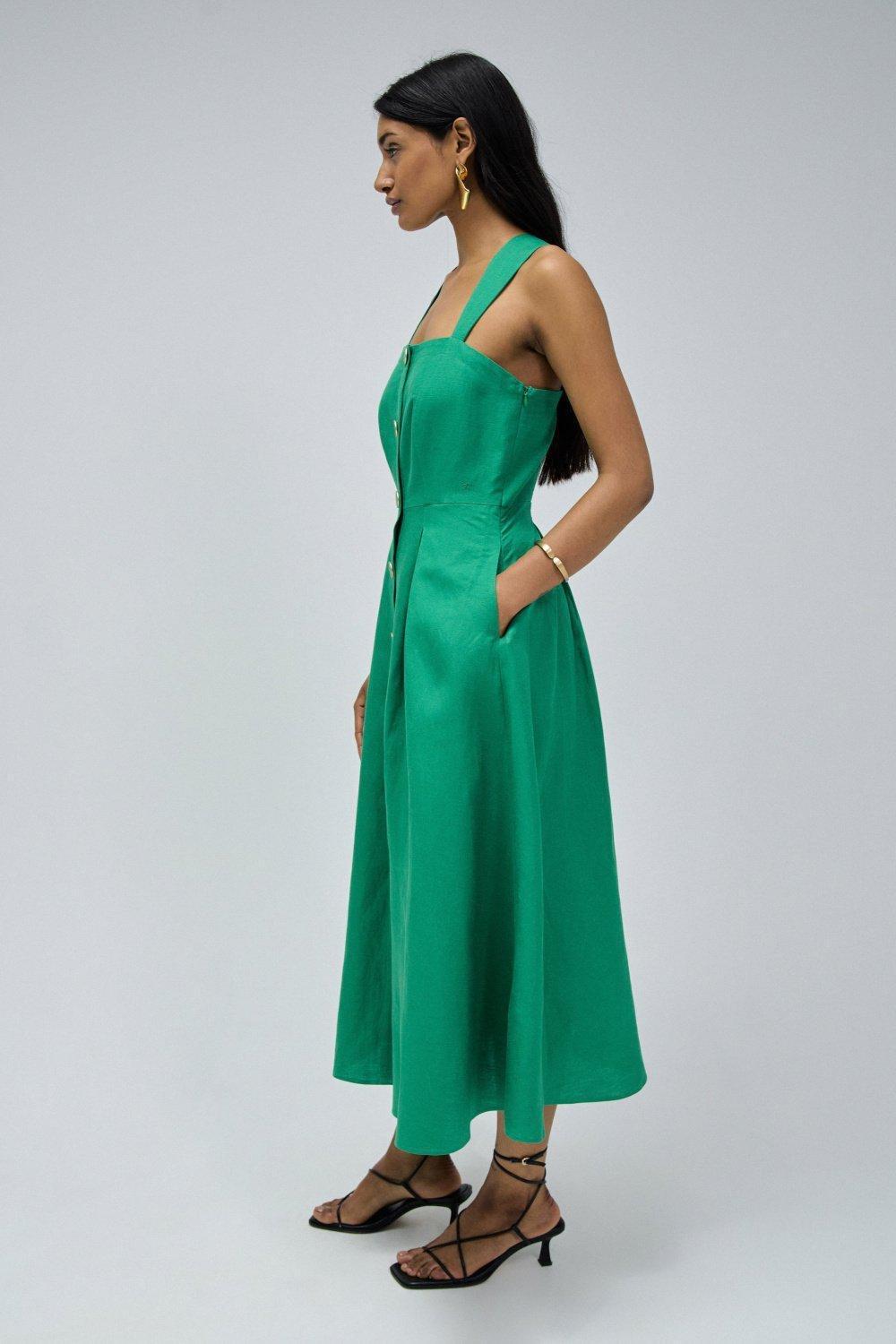 Flare Midi Dress, Green, large image number 2
