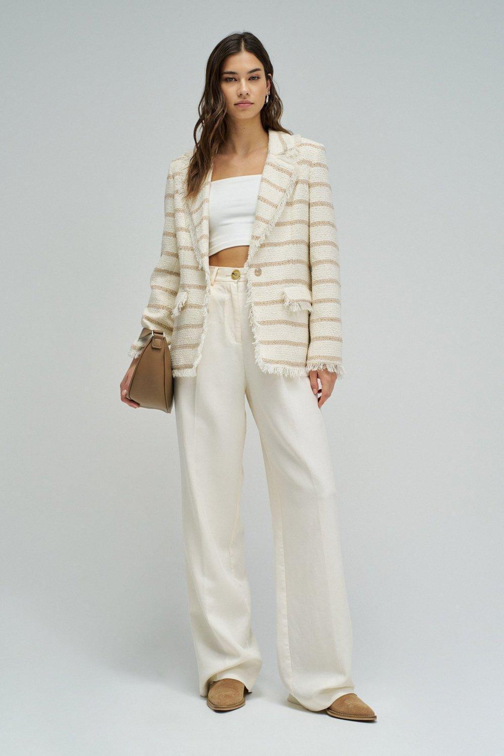 Tweed Blazer With Stripes, Cream, medium