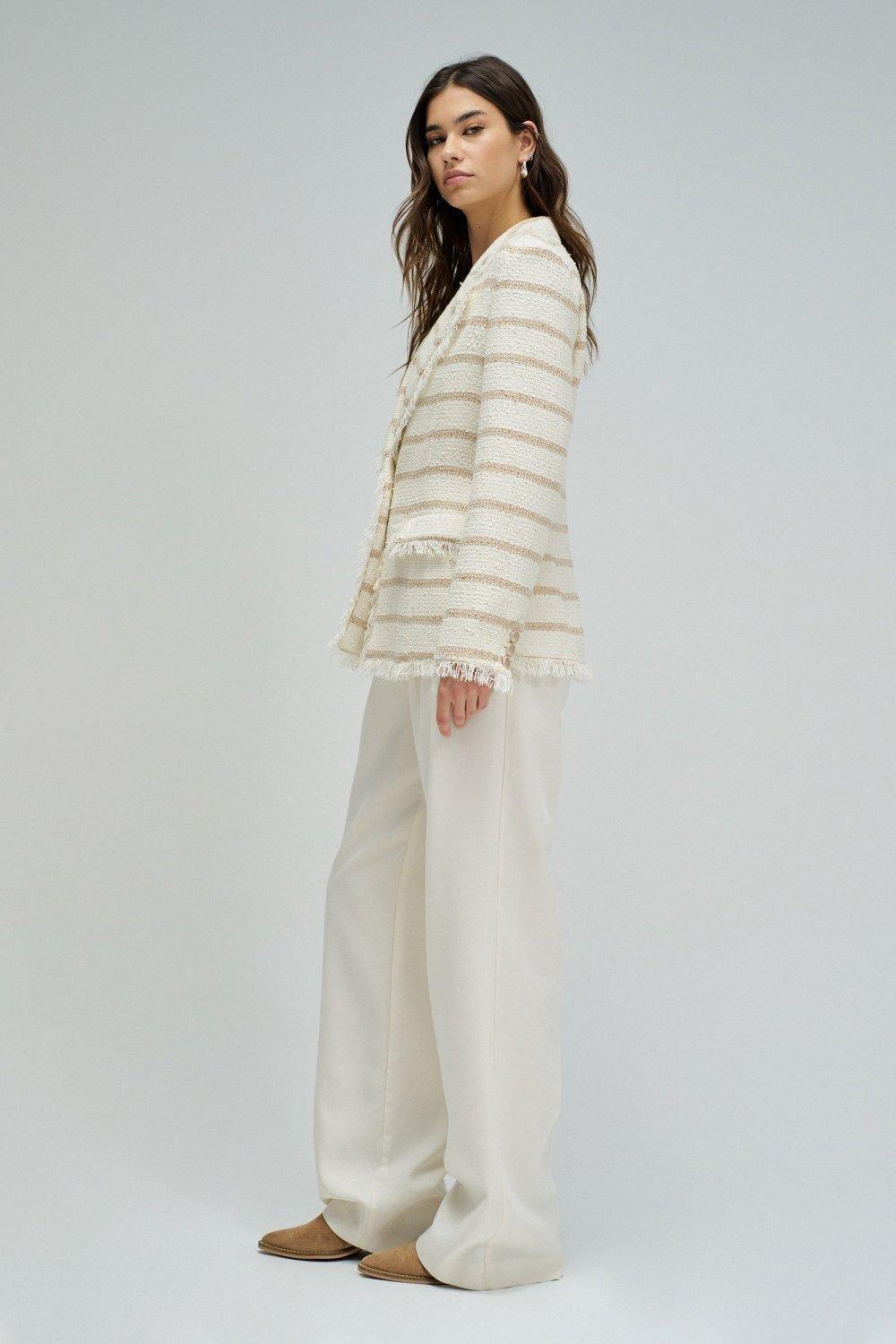 Tweed Blazer With Stripes, Cream, medium