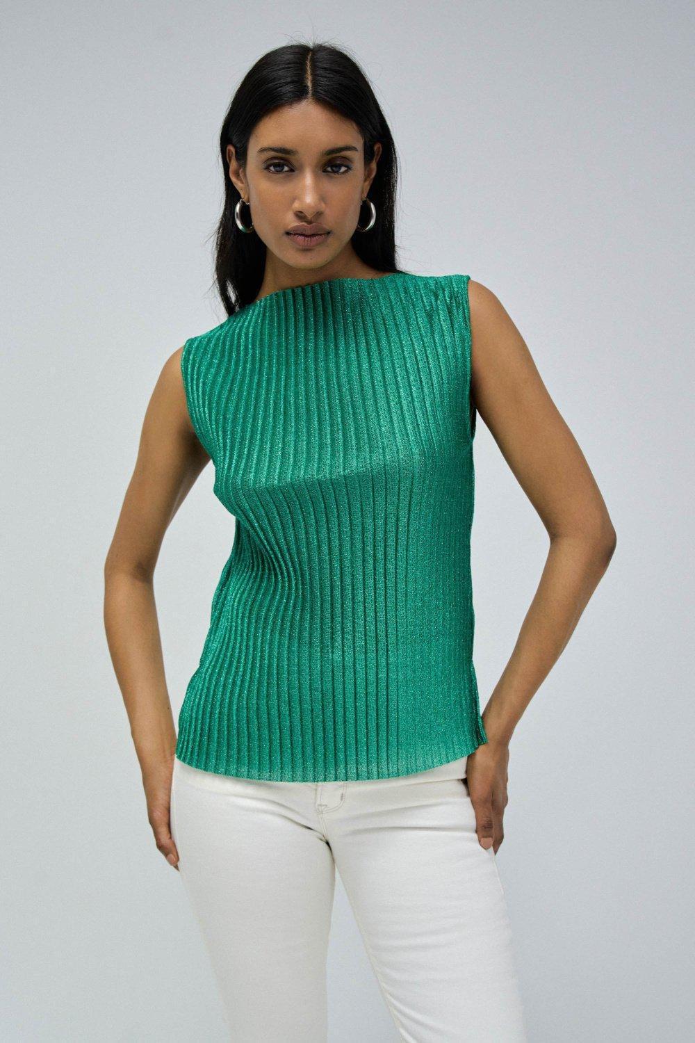 Pleated Top With Metallic Yarn, Green, large image number 0
