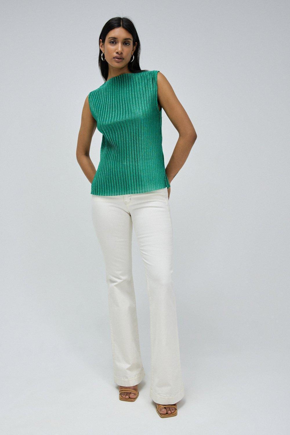 Pleated Top With Metallic Yarn, Green, large image number 1