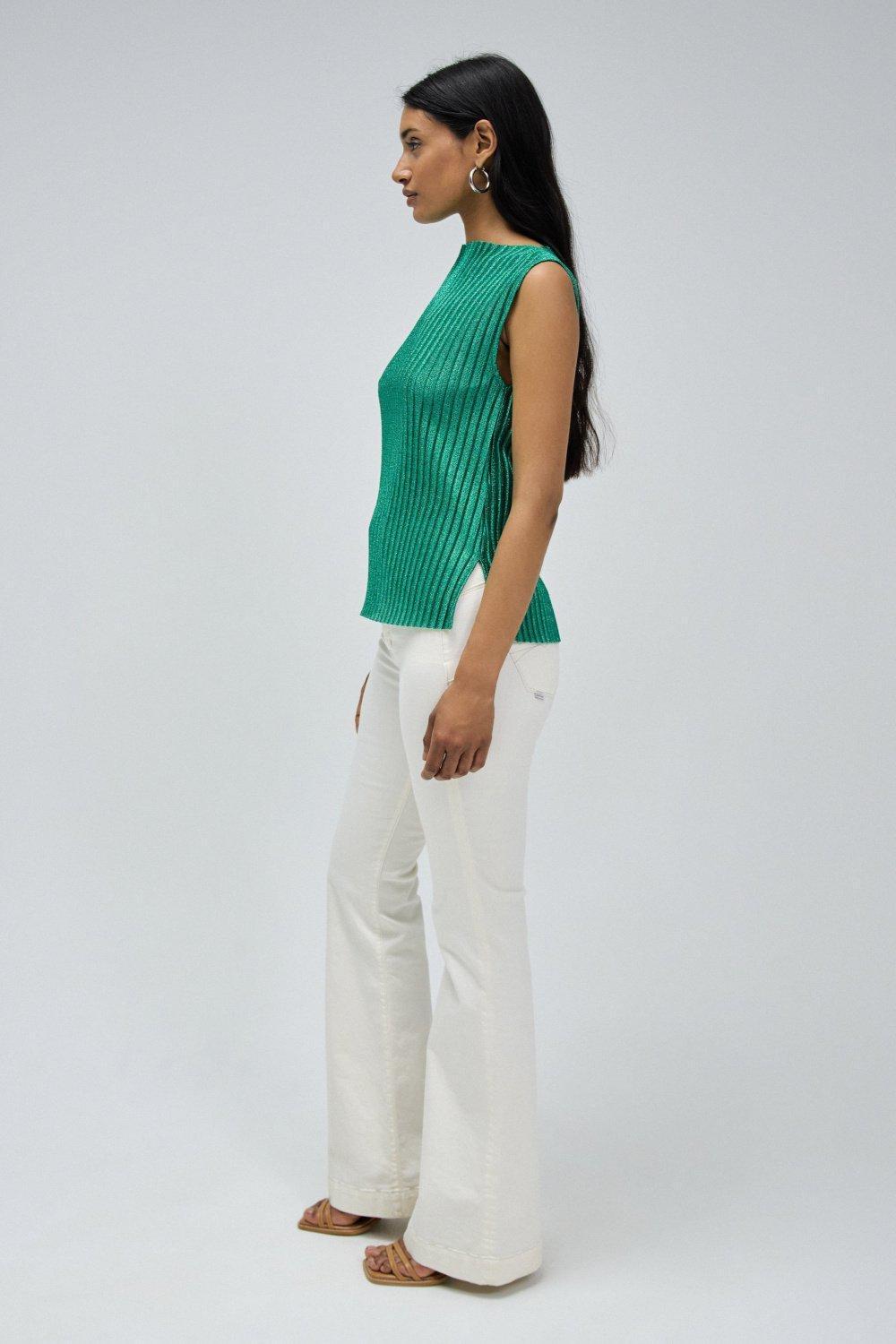 Pleated Top With Metallic Yarn, Green, large image number 2