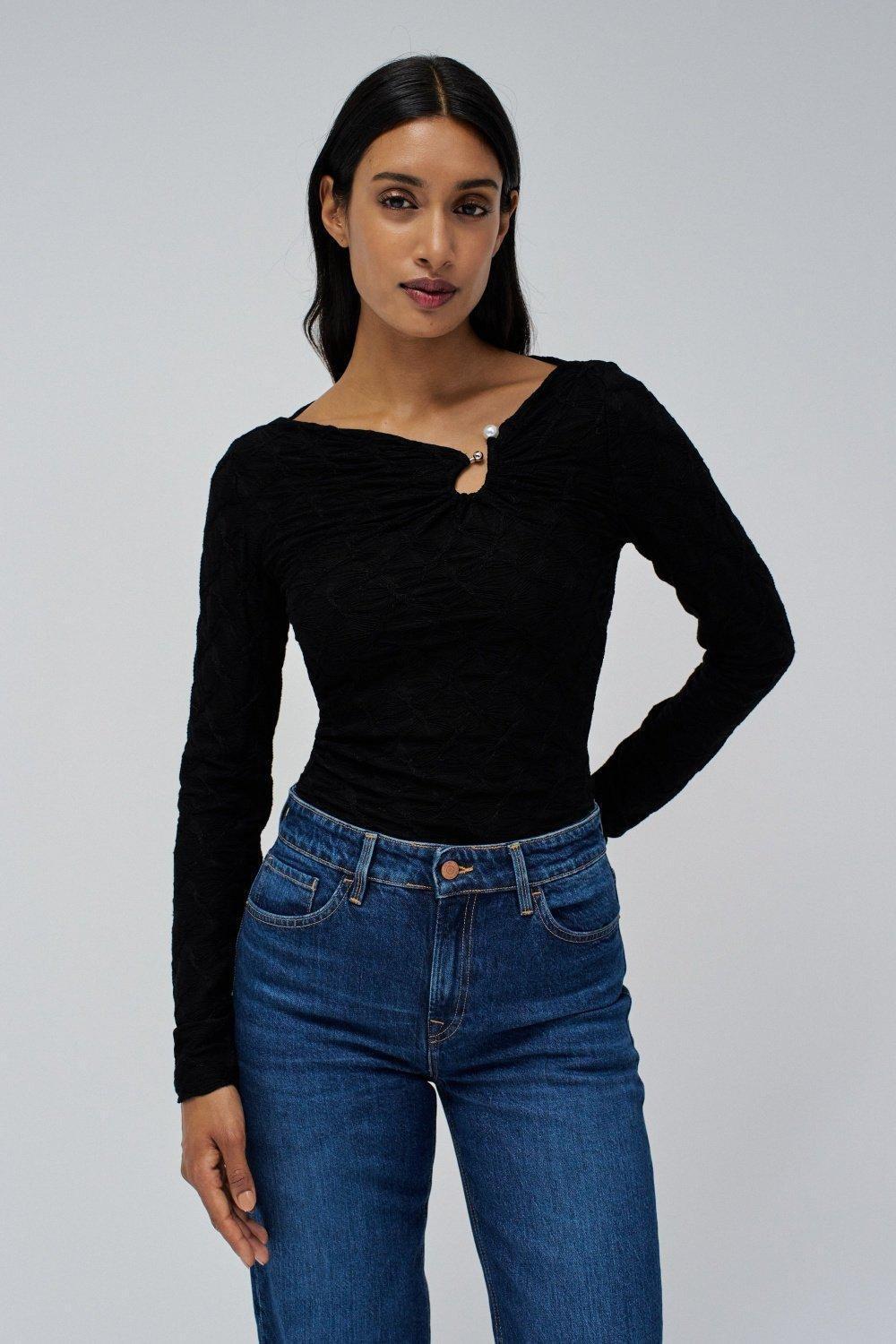 Black Textured Detailed Sweater, , large image number 0