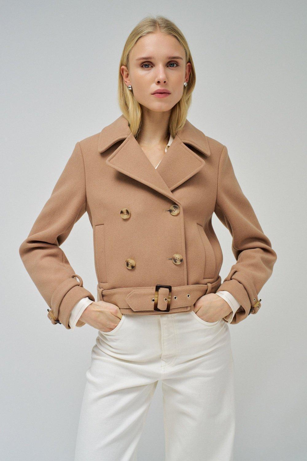 Brown Plain Cropped Coat, , medium