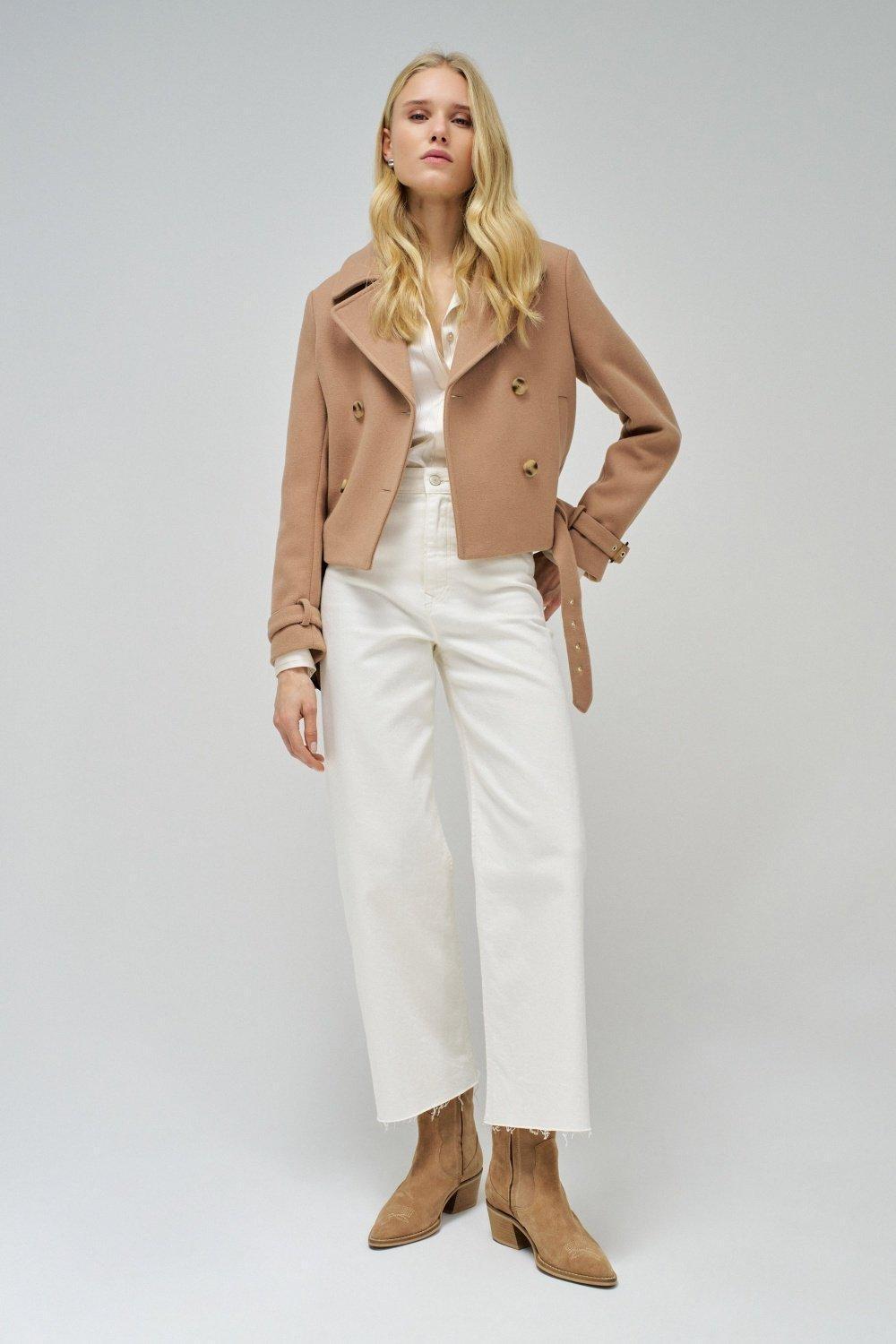 Brown Plain Cropped Coat, , large image number 1