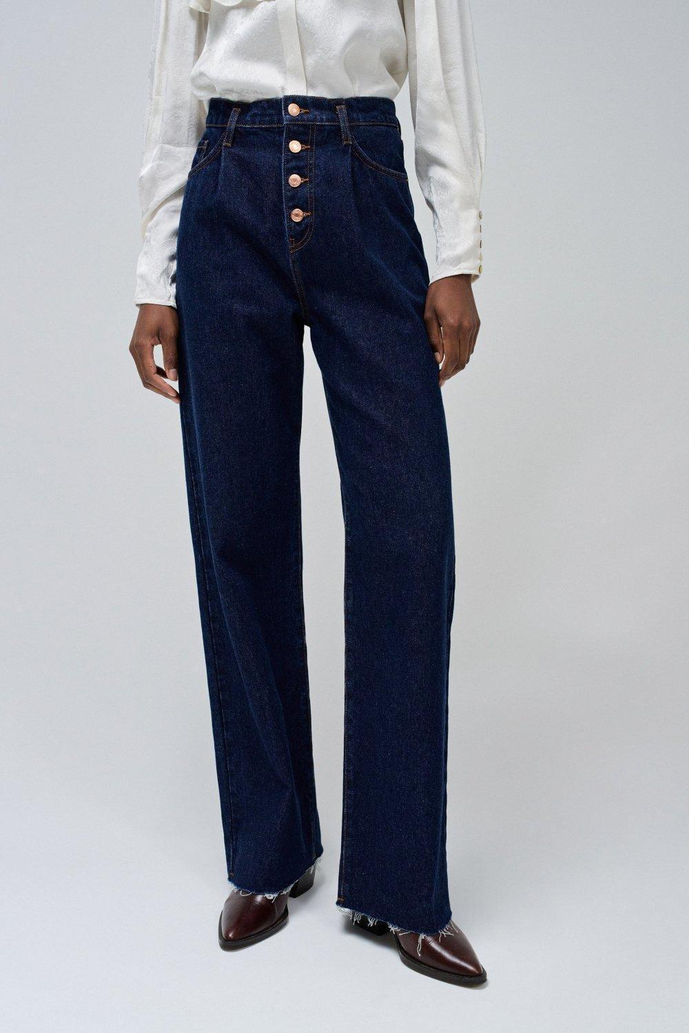 Blue Plain Dark Wash Wide Leg Jeans, , large image number 0
