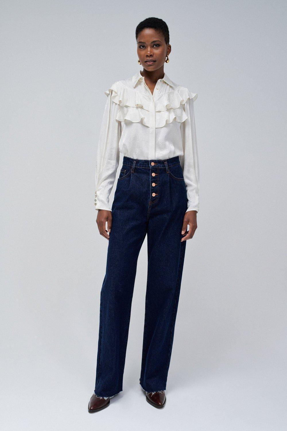 Blue Plain Dark Wash Wide Leg Jeans, , large image number 1