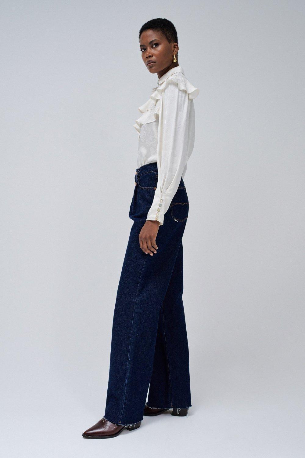 Blue Plain Dark Wash Wide Leg Jeans, , large image number 2