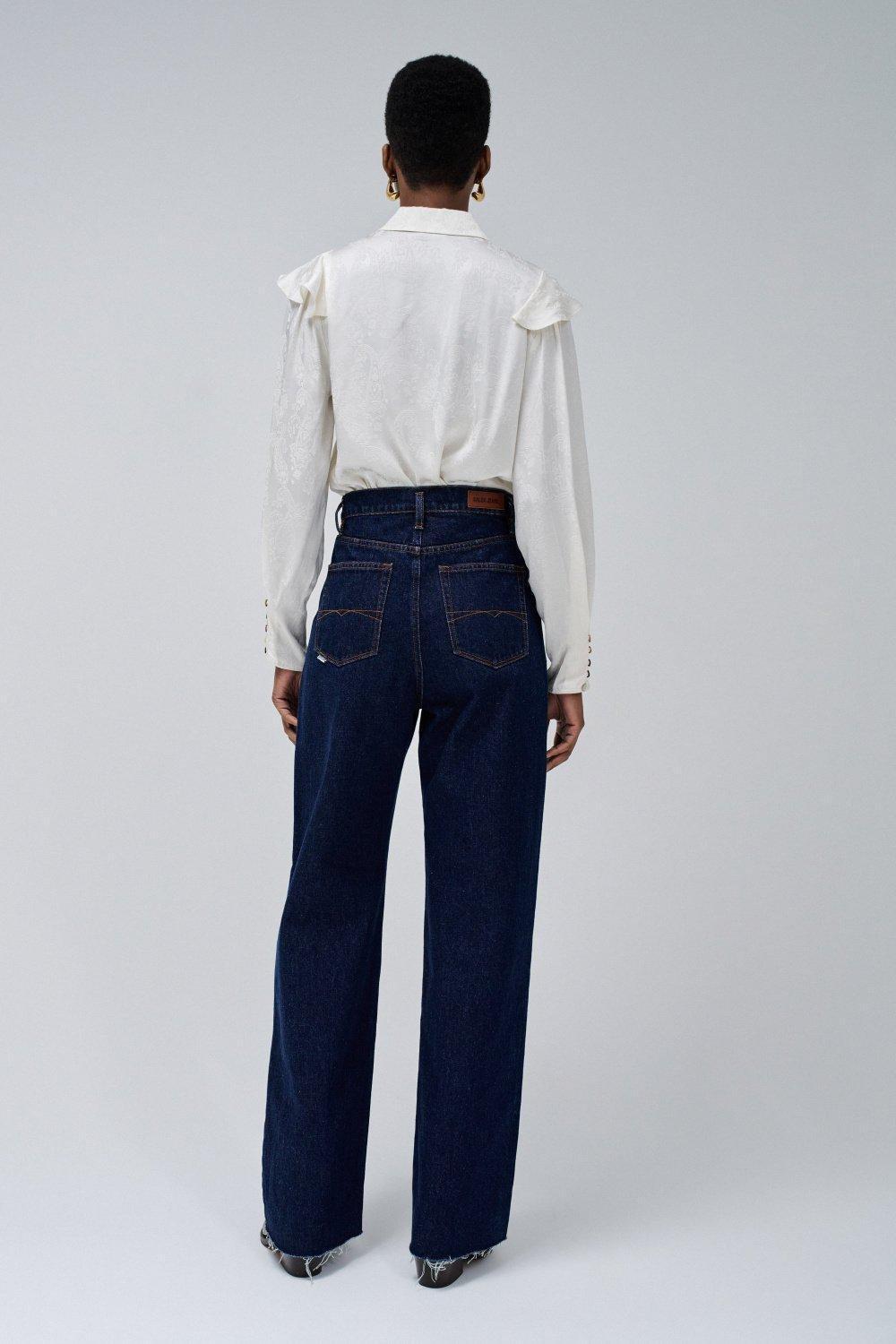 Blue Plain Dark Wash Wide Leg Jeans, , large image number 3