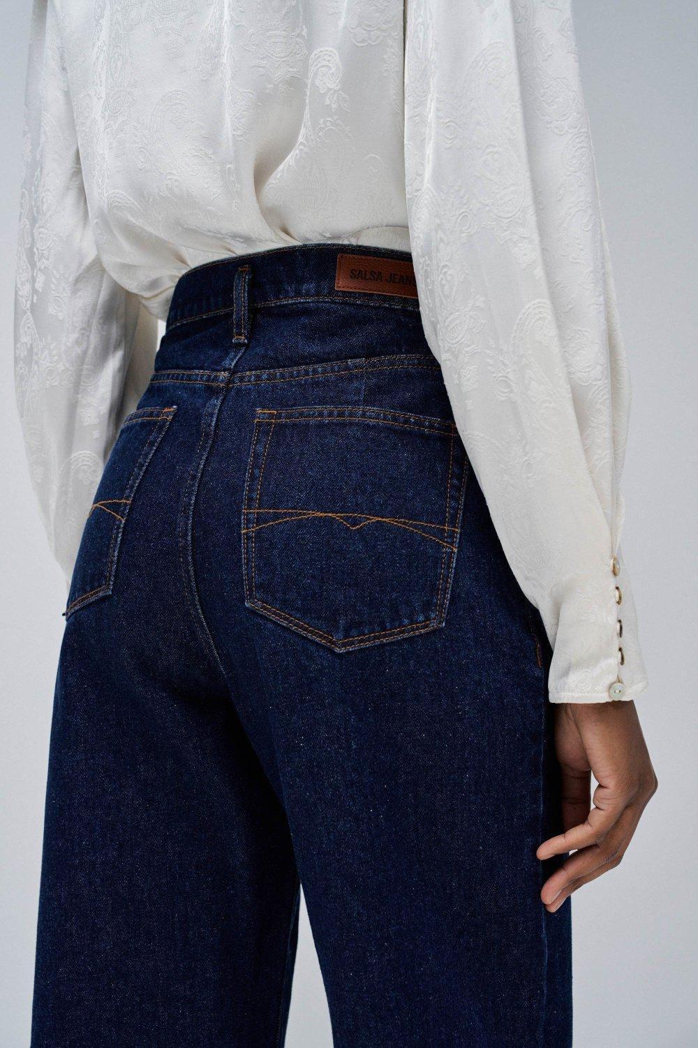 Blue Plain Dark Wash Wide Leg Jeans, , large image number 4