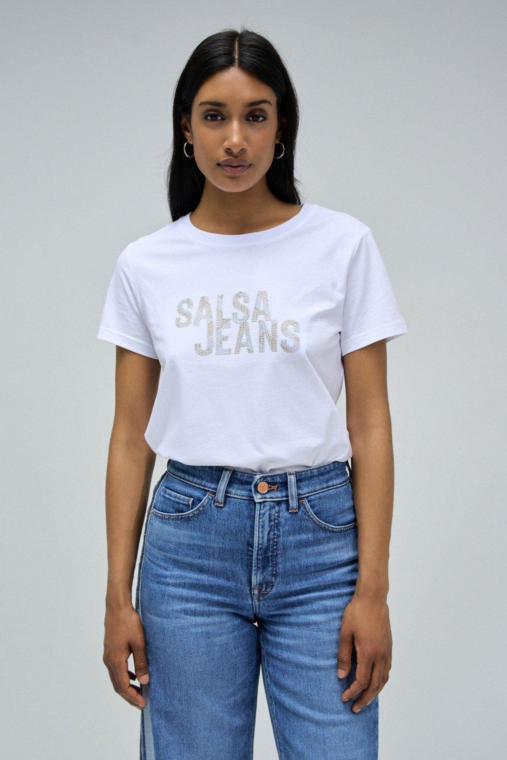 Lurex Embroidered Branding T-Shirt, White, large image number 1