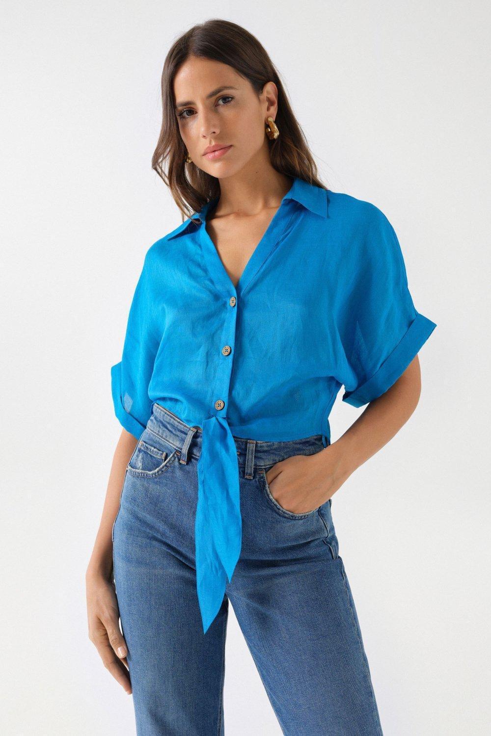 Lace-Trimmed Blouse, Blue, large image number 0