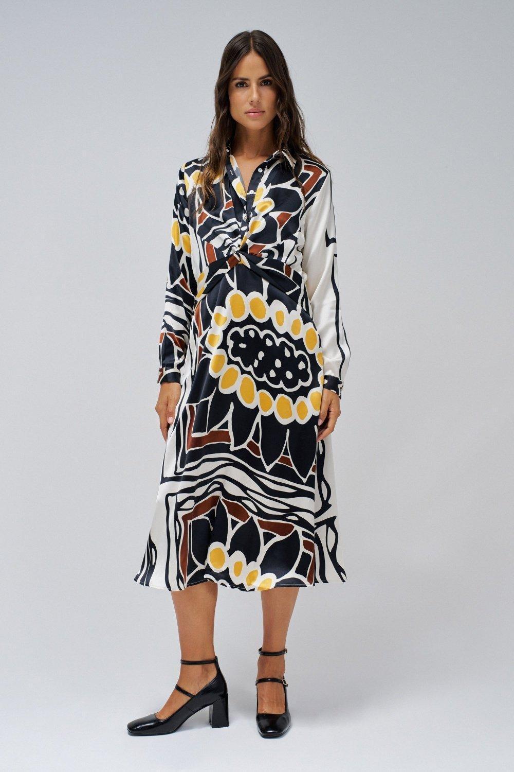 Yellow Floral Shirt Midi Dress, , large image number 1