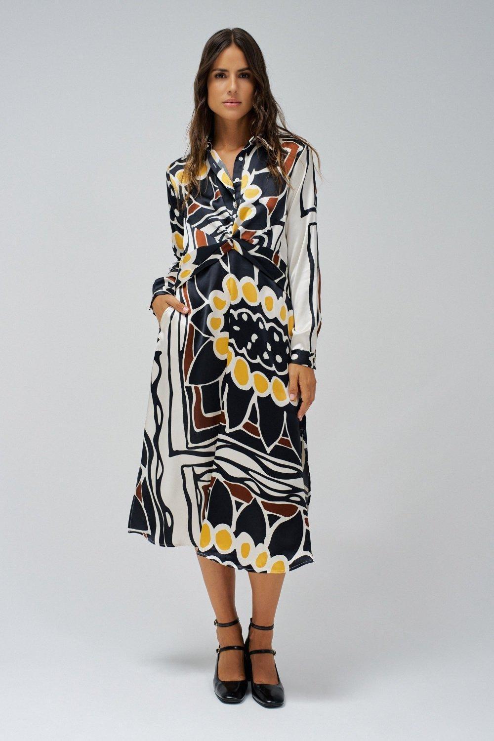 Floral Shirt Midi Dress, Yellow, medium