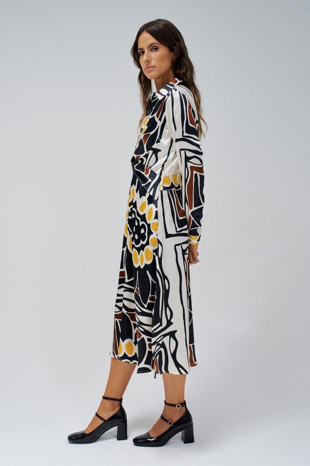 Floral Shirt Midi Dress, Yellow, large image number 2