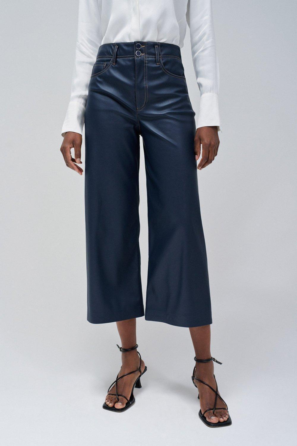 Leather Effect Ankle-Length Trousers, Dark Blue, large image number 0