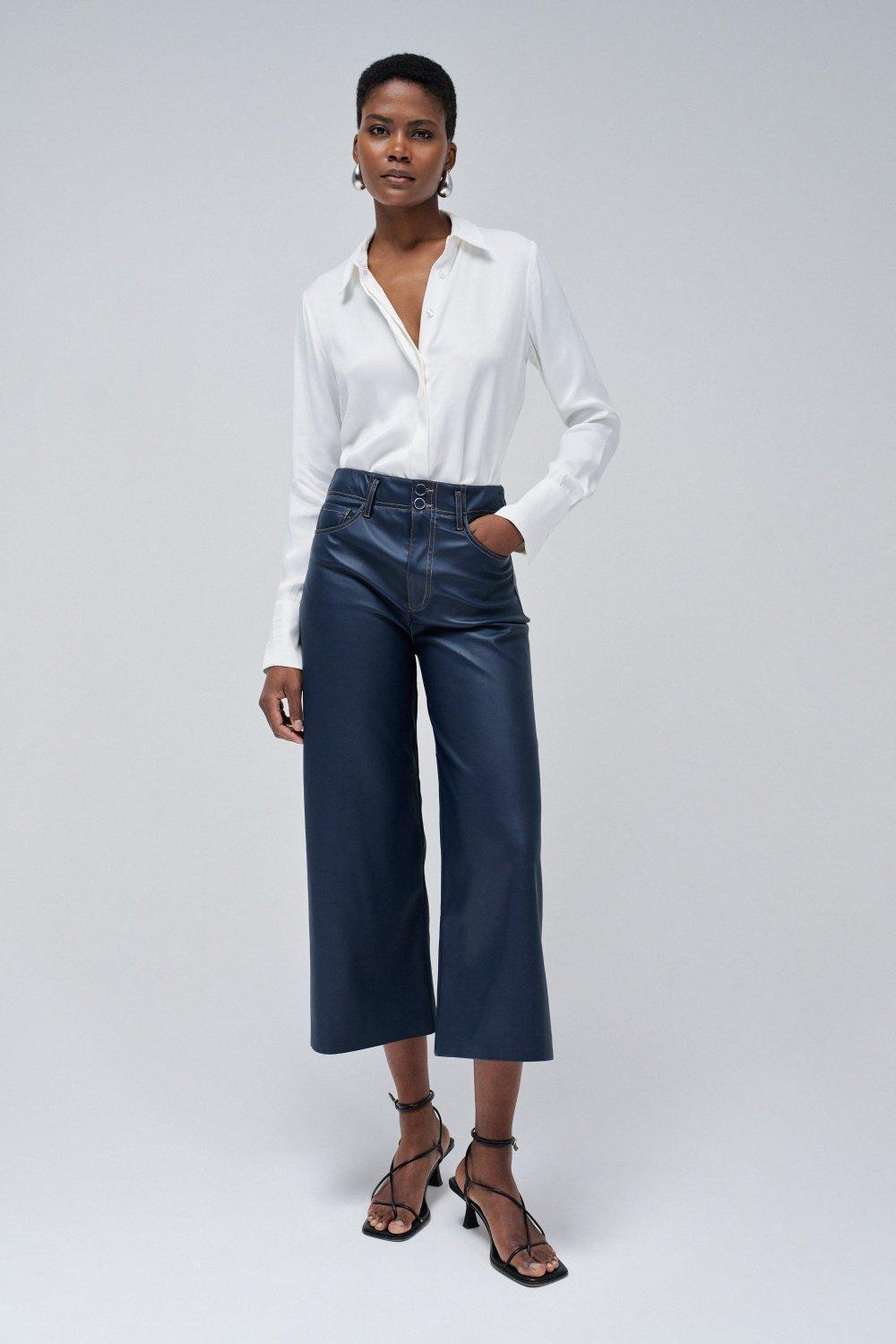 Leather Effect Ankle-Length Trousers, Dark Blue, large image number 1