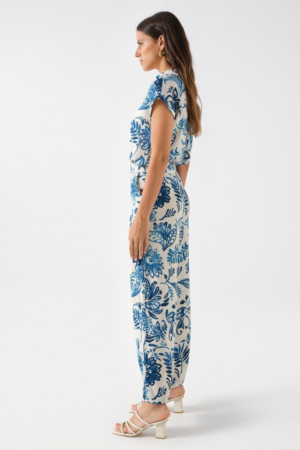 Floral Print Straight Trousers, Beige, large image number 2