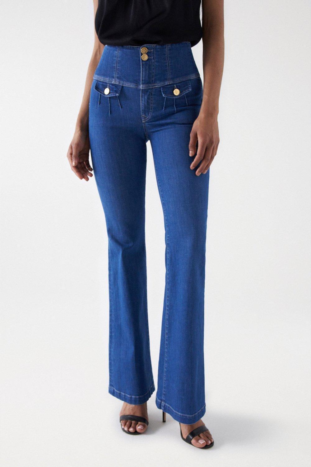 Gold Buttons Diva Flare Jeans, Blue, large image number 0