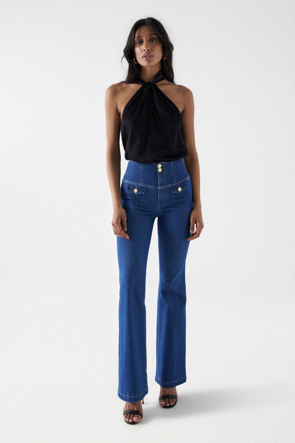 Gold Buttons Diva Flare Jeans, Blue, large image number 1