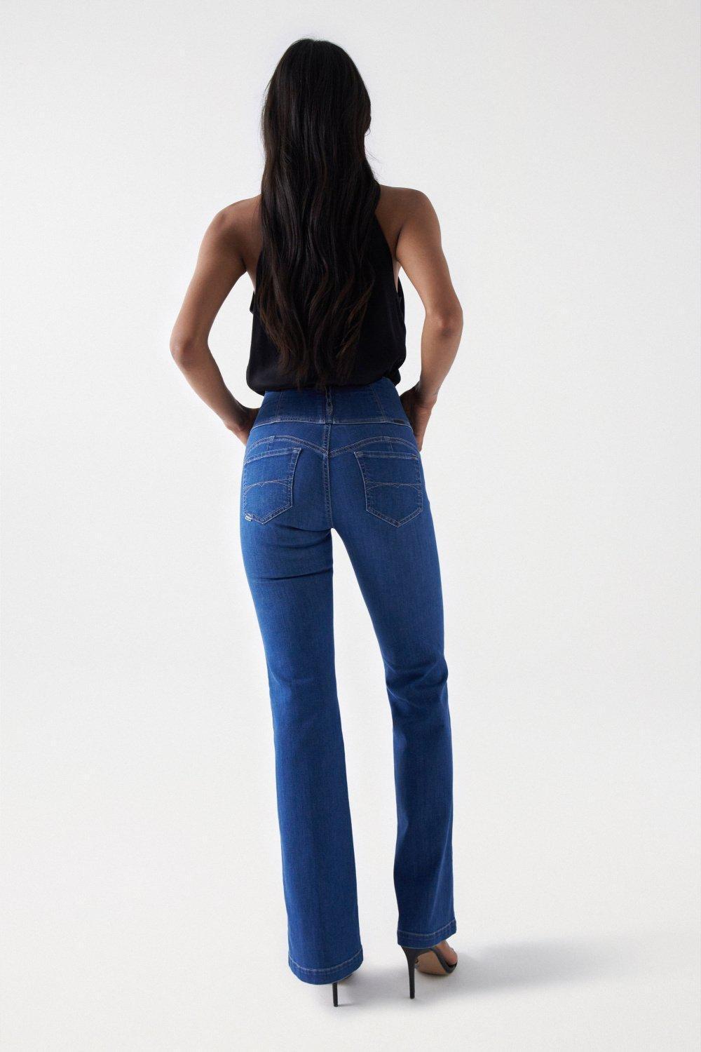 Gold Buttons Diva Flare Jeans, Blue, large image number 3