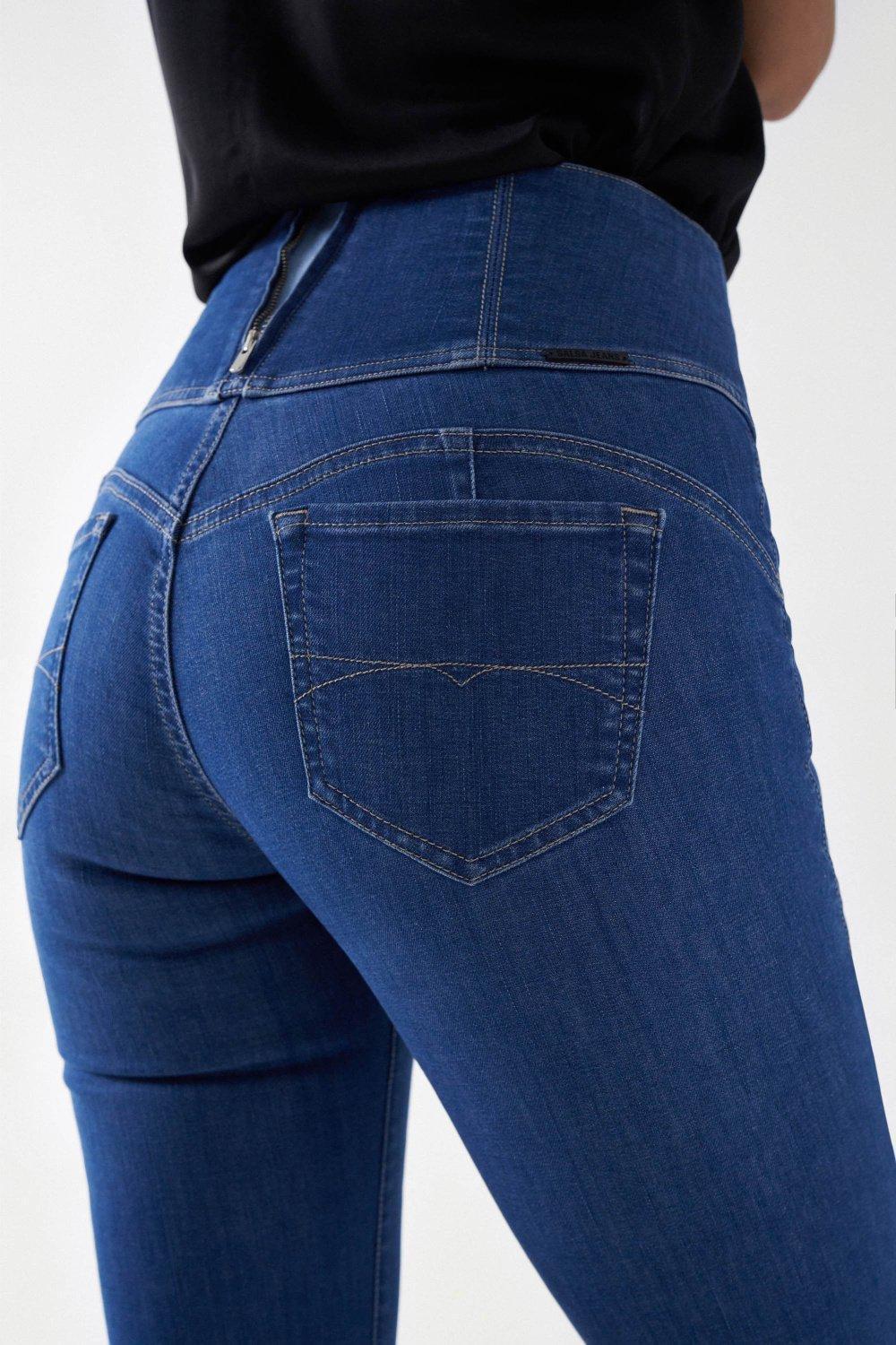 Gold Buttons Diva Flare Jeans, Blue, large image number 4