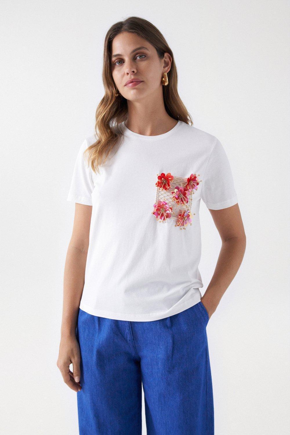 Flower Pocket Detail T-Shirt, White, large image number 0