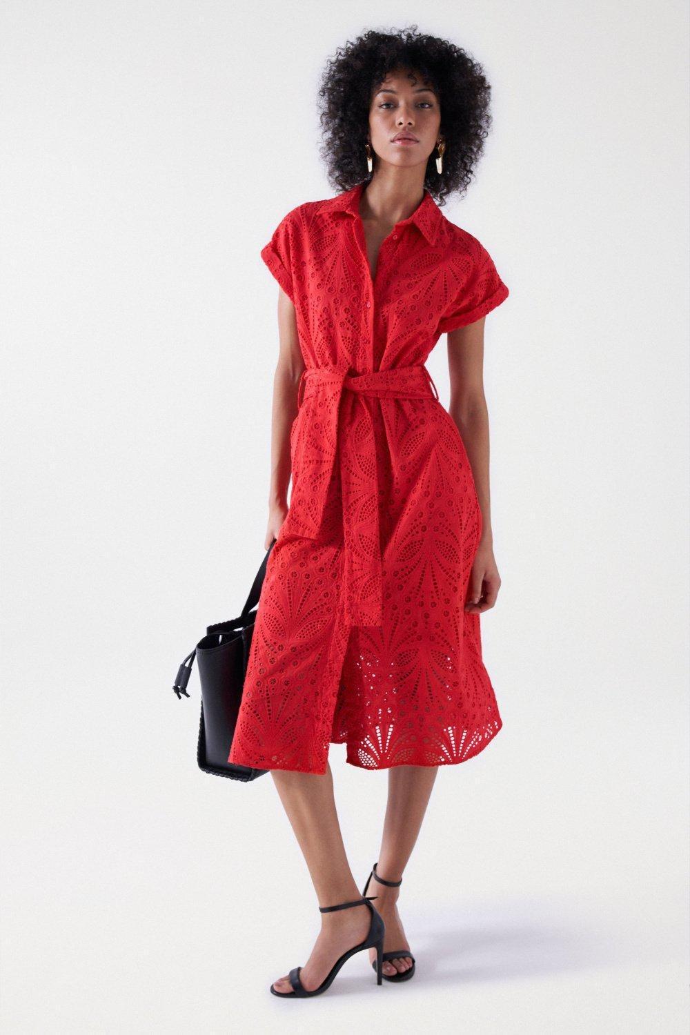 Broderie Anglaise Midi Dress, Red, large image number 0