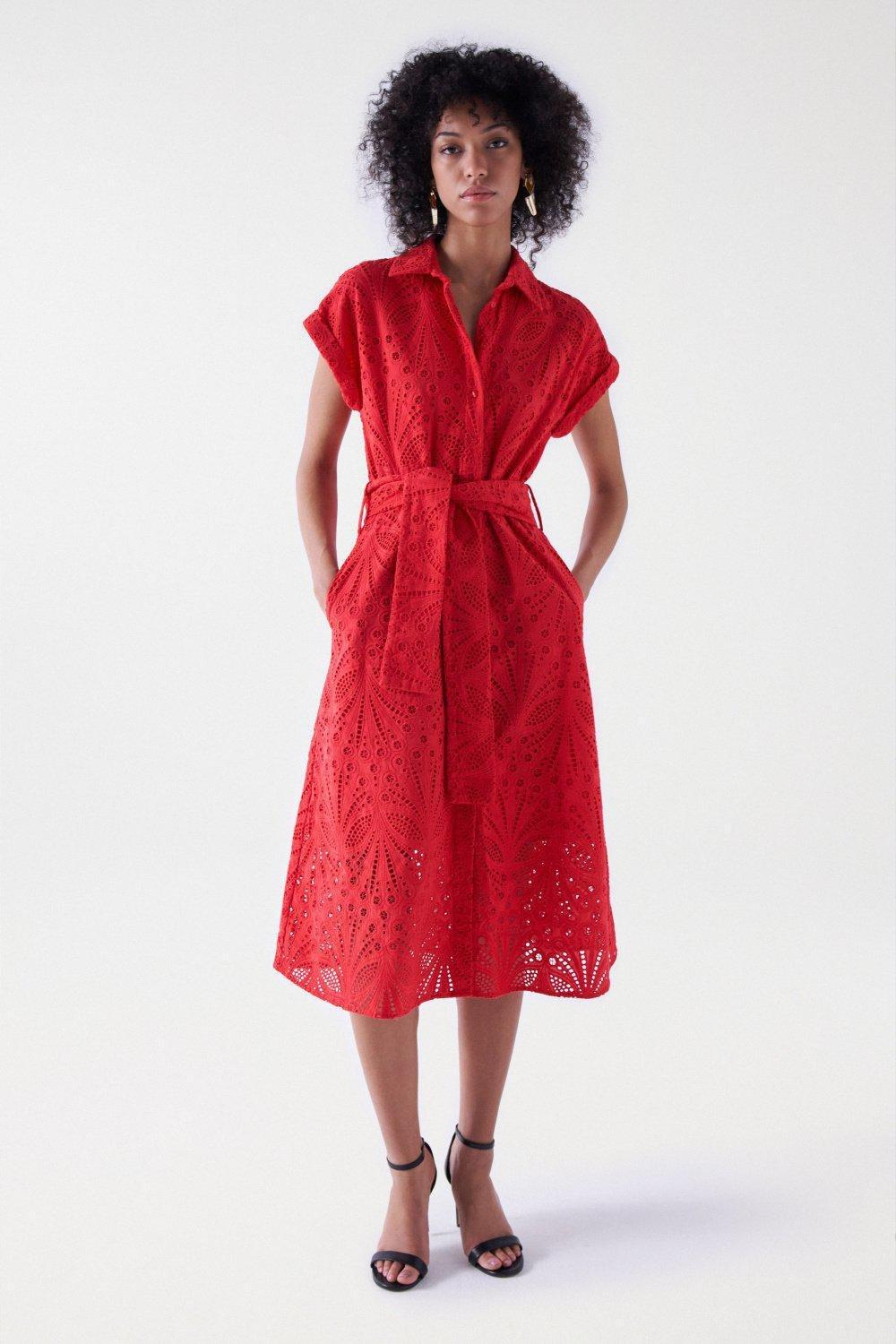 Broderie Anglaise Midi Dress, Red, large image number 1