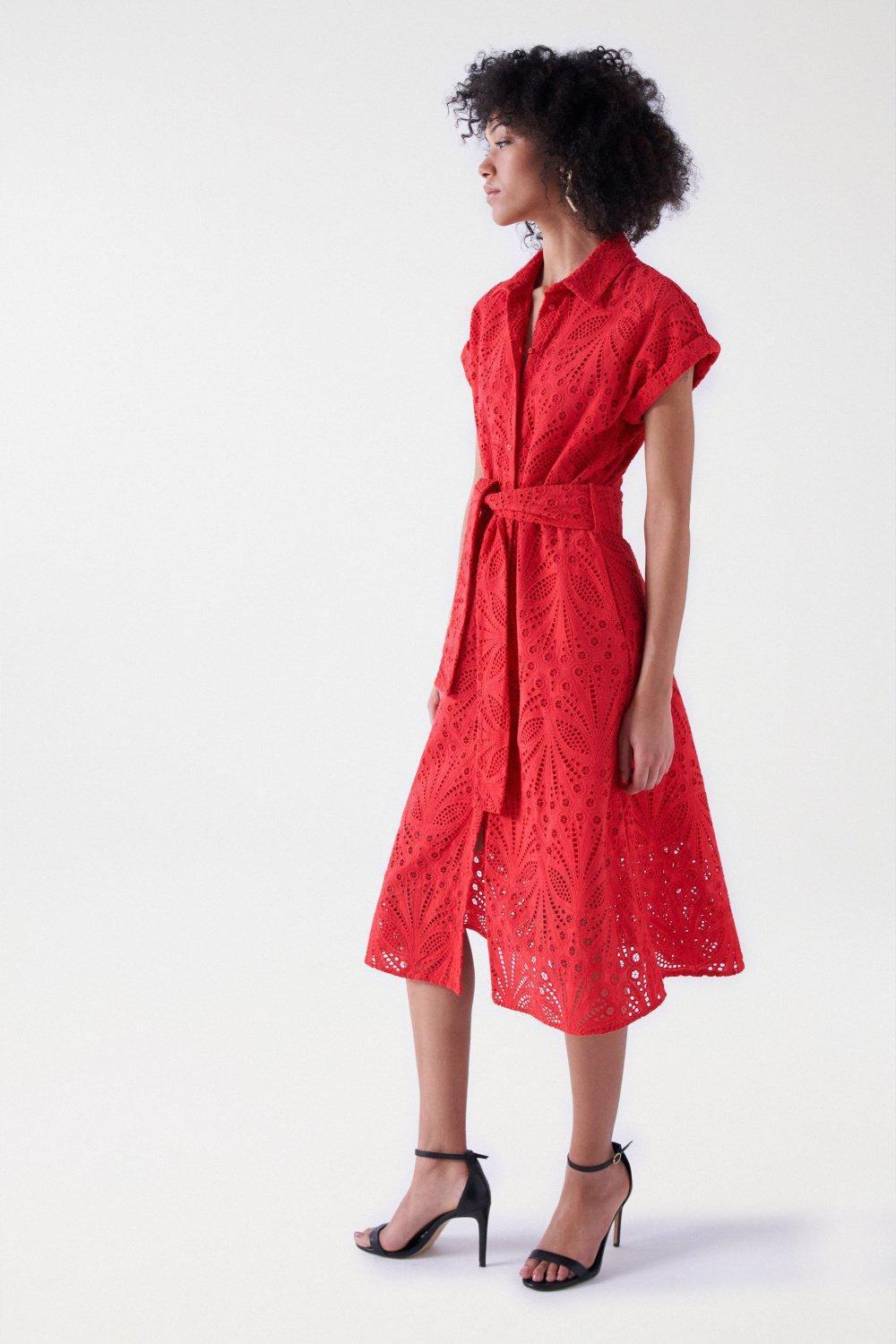 Broderie Anglaise Midi Dress, Red, large image number 2