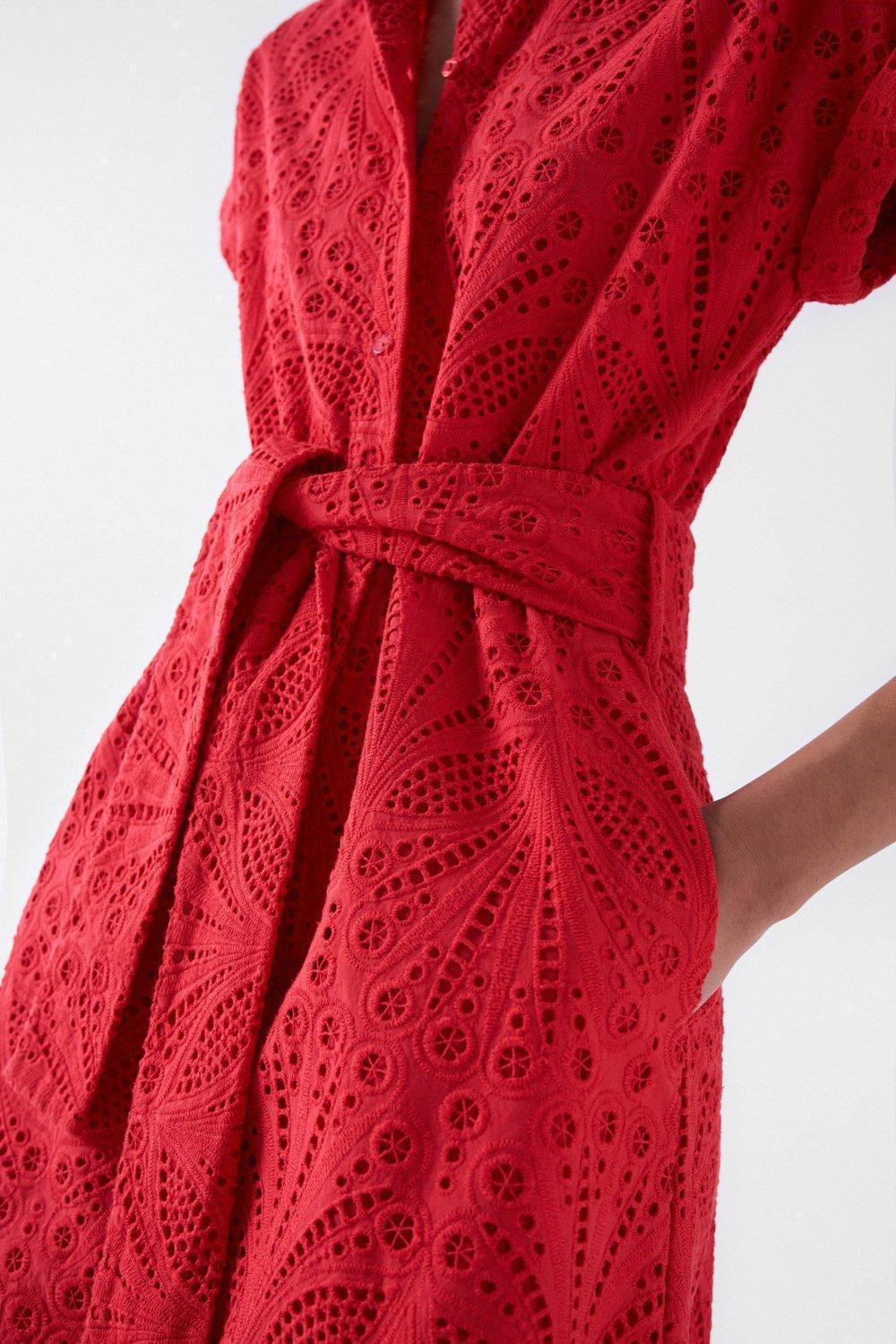 Broderie Anglaise Midi Dress, Red, large image number 4