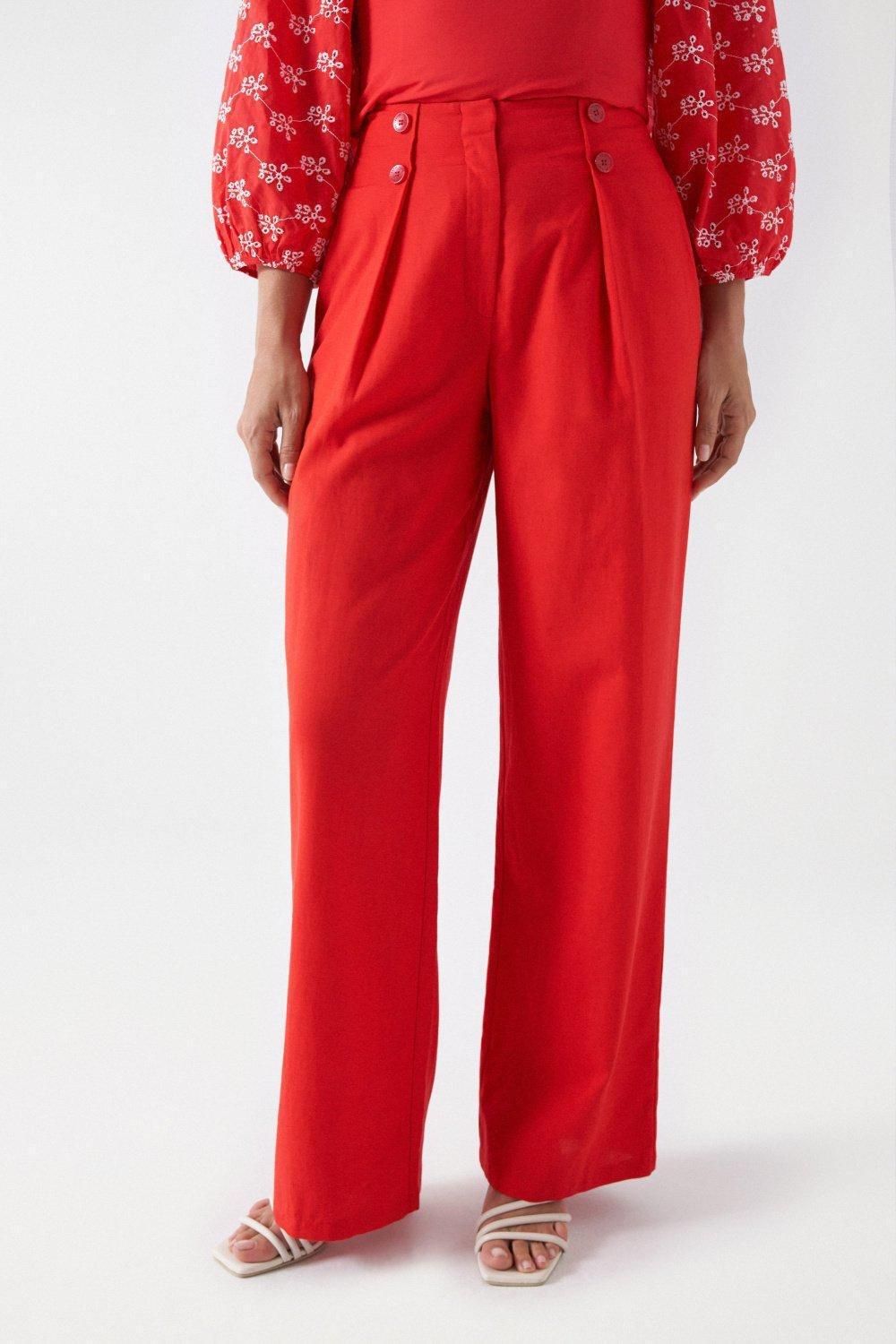 Straight Pants With Pleats, Red, large image number 0
