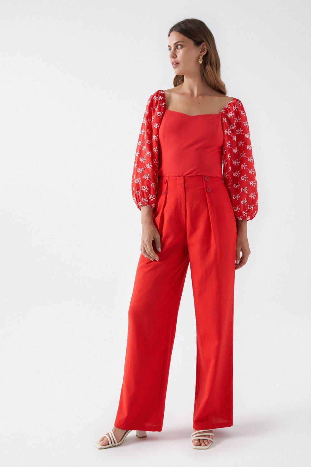 Straight Pants With Pleats, Red, large image number 1