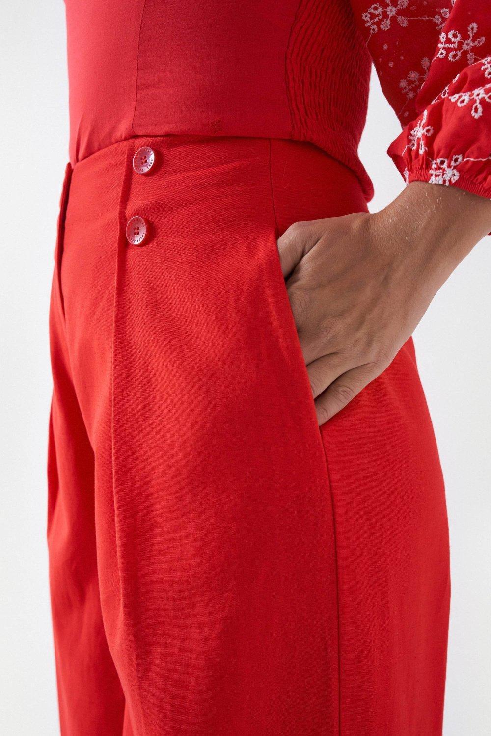 Straight Pants With Pleats, Red, large image number 4