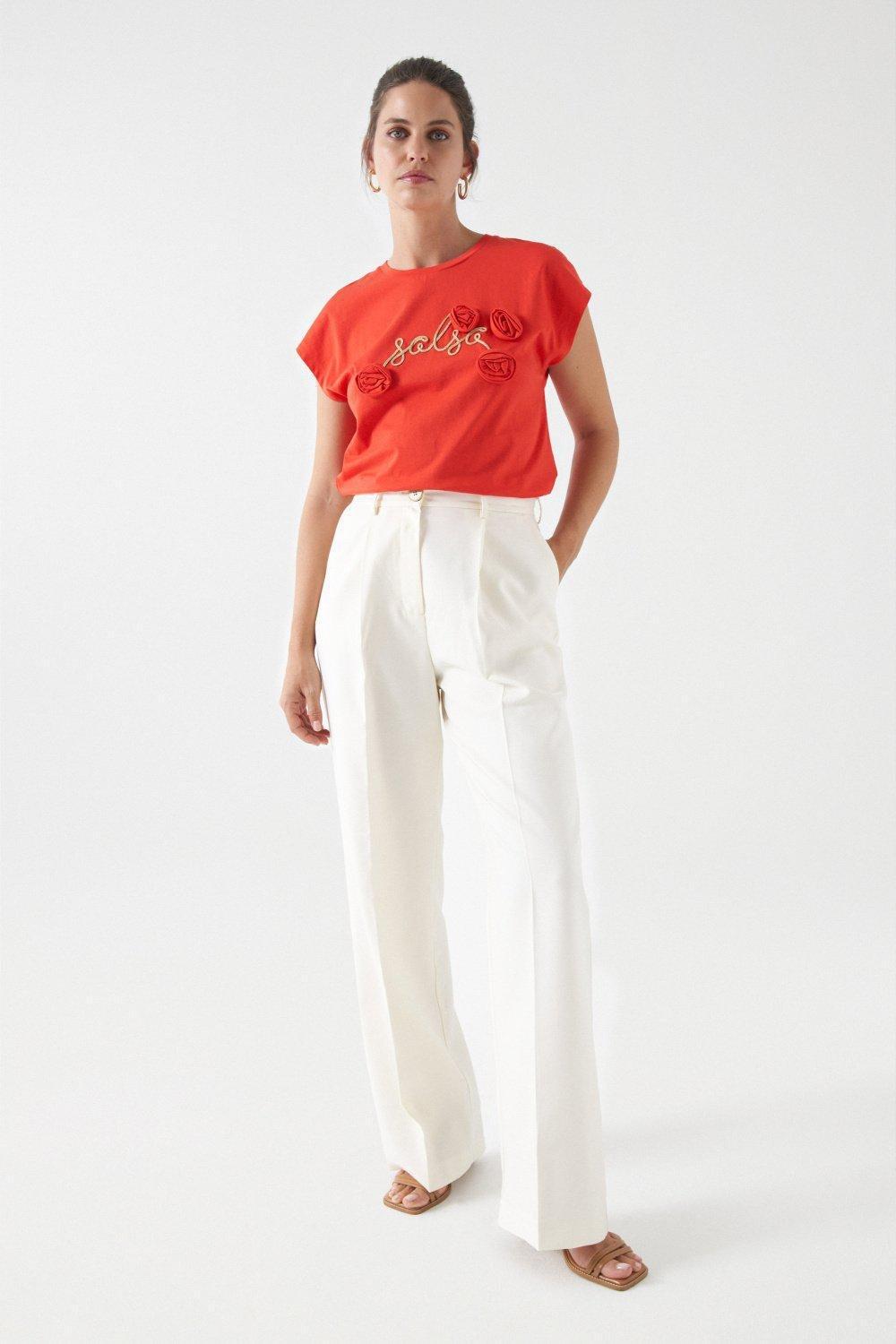 Branding And Flower Detail T-Shirt, Red, large image number 1